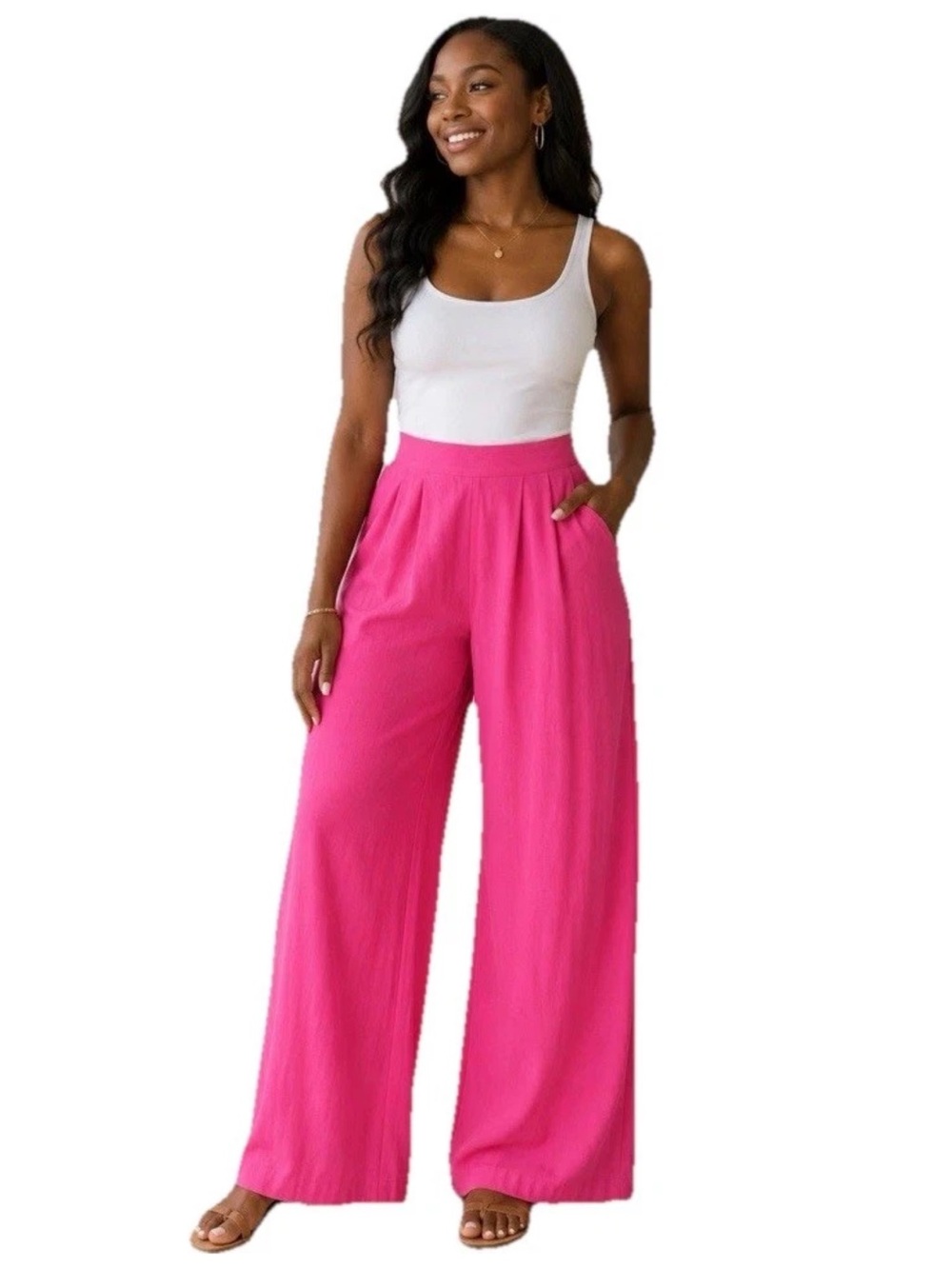Neon Pink Wide Leg Pleated Pants Elastic Waist Sz XS Bold Playful Summer Casual